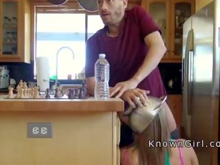 Blonde cheater sucking phallus in the kitchen